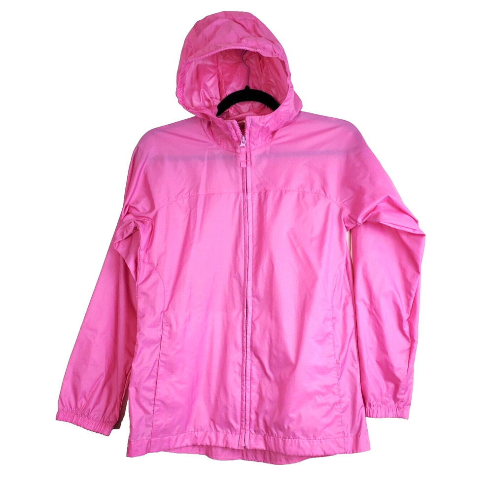 LANDS END KIDS Jacket Girls 10-12 Hooded Windbreaker Pink Nylon Full Zip Pockets